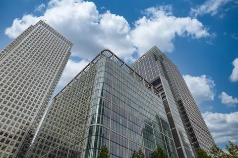 Low angle view of office buildings in Canary Wharf. London, UK, 14 May 2023 스톡 사진