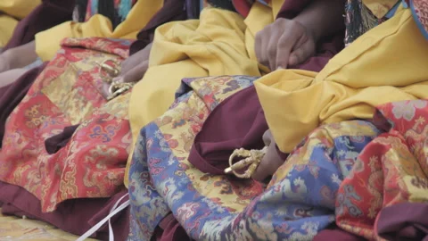 Low angle view oftTantric tibetan buddhist monks, at fire puja with bell. Video stock 244453458