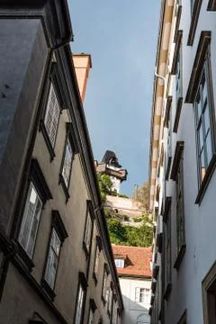 Low angle view of old buildings in Graz Stock Photos