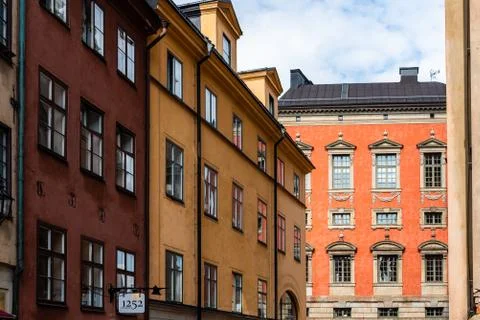 Low angle view of old buildings in Gamla Stan in Stockholm Stock Photos