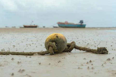 Low angle view of old buoy float with thick rope on sandy beach during low tide Stock Photos