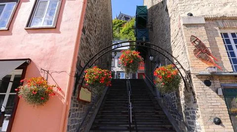Low angle view of Old Quebec City tourist attractions of Quartier Stock Photos