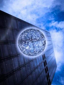 Low angle view of orb floating near highrise building Fotos de archivo
