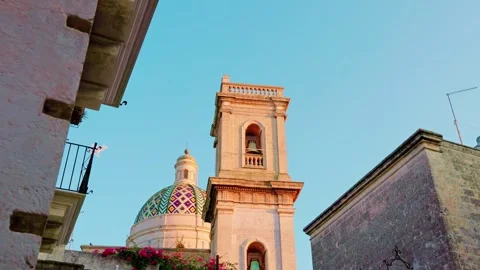 Low angle view of Oria Cathedral dome and bell tower Stock Footage 315491377