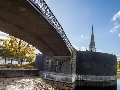 Low angle view of the ornate bridge leading to the 19th century St. Albans Ch Stock Photos