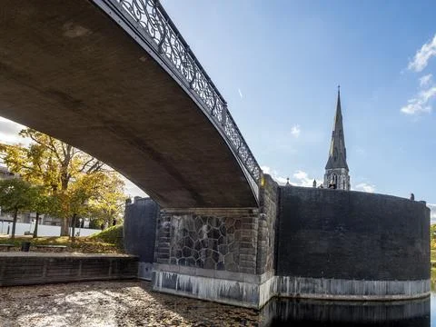 Low angle view of the ornate bridge leading to the 19th century St. Albans Ch Stock Photos