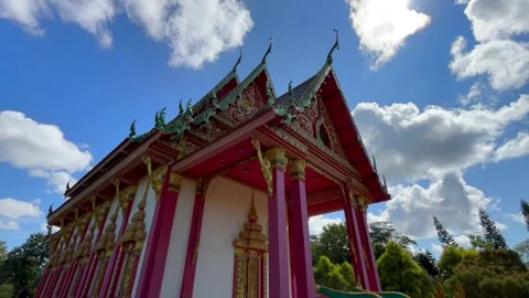 Low Angle View of Ornate Buddhist Temple Roof and Facade Stock Footage 329174913