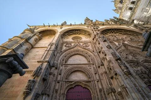Low angle view of ornate facade of Salamanca cathedral in spain Stock Photos