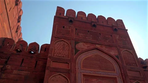 Low Angle View of Ornate Red Sandstone Gate at Agra Fort Stock Footage 333688939