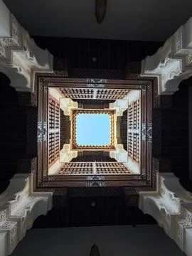 Low Angle View of an Ornate Square Skylight in a Traditional Moroccan Palace Stock Photos