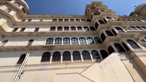 Low angle view of the ornate windows and balconies of Udaipur City Palace Stock-Footage 329854939