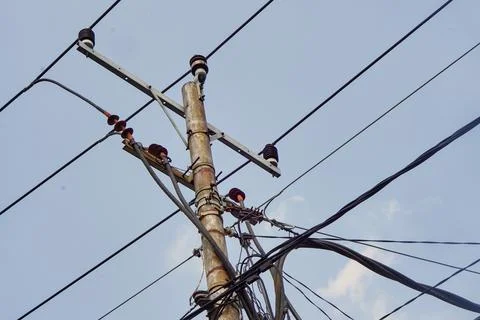 Low angle view of an outdoor public utility pole electrical substation Stock Photos