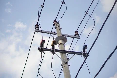 Low angle view of an outdoor public utility pole electrical substation Stock Photos