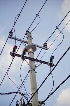 Low angle view of an outdoor public utility pole electrical substation Stock Photos