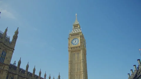 Low angle view of the Palace of Westminster and the Elizabeth Tower Stockbeeldmateriaal 319594746
