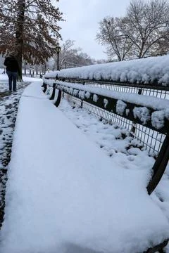 Low angle view of a park bench covered by snow in Central Park Stock Photos