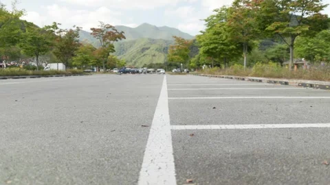 Low Angle View of Parking Lot Lines with Autumn Landscape Stock-Footage 347176150