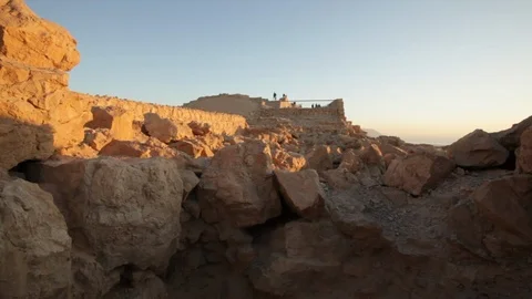 Low angle view of part of the Ancient ruins of Masada Stock Footage 89136690