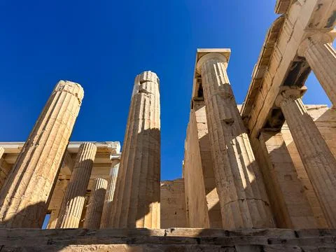 Low Angle View of the Parthenon Columns on the Acropolis in Athens Stock Photos