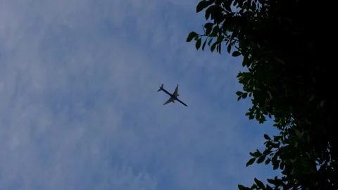 Low angle view of passenger jet aircraft flying overhead against blue sky w.. Stock Footage 338332726