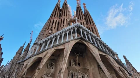 Low angle view of Passion Facade at Sagrada Família, Barcelona, Spain Stock Footage 328475423