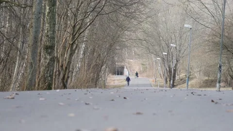 Low Angle View Pedestrian Pathway, People in Distance, Late Autumn Scene Stock Footage 220673567