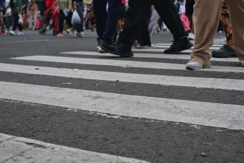 Low angle view of pedestrians walking across a zebra crosswalk. Stock-Fotos