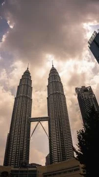 The low angle view of the Petronas Twin Towers or KLCC in the city. Stock Photos