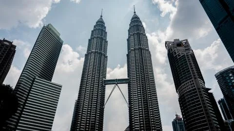 The low angle view of the Petronas Twin Towers or KLCC in the city. Stock Photos