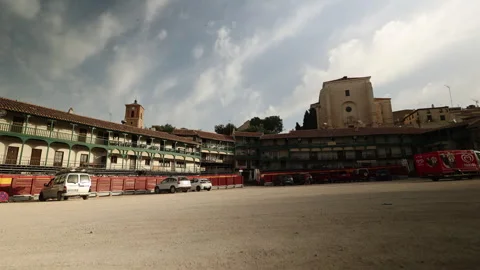 Low Angle View of the Plaza Mayor with Torre Del Reloj. Chinchon, Madrid, Spain. Stock Footage 249126598