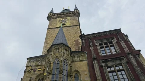 Low angle view of the Prague Astronomical Clock tower in Old Town Square Stock Footage 337925005