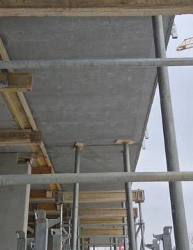 Low Angle View of Precast Concrete Balcony with Steel Shoring Props Stock Photos