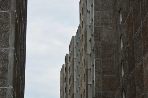 Low Angle View of Prefabricated Concrete Residential Buildings Perspective Stock Photos