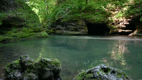 Low angle view of pristine river flows through the canyon Stock Footage 219691102