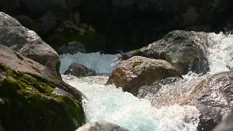 Low angle view of pristine stream flowing in alpine valley Stock Footage 164036141