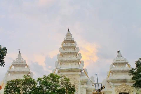 Low Angle View of Pura Geger Dalem Pemutih Temple Gate at Dusk, Bali Stock Photos