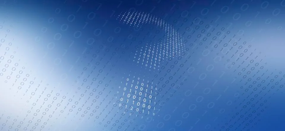 Low angle view of question mark made from binary code over blue background Stock Illustration