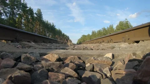 A low Angle View of Railroad Tracks with Forest and Grass Sky in Background 4k Stock Footage 135636461