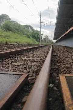 Low-Angle View of Railway Track with Greenery Stock Photos