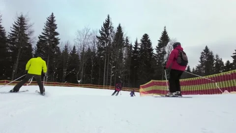 Low Angle View. Real Time. Pov. Downhill Ski Slope. Stock Footage 219006085