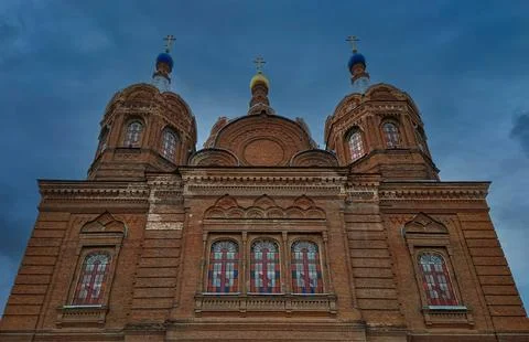Low angle view of the red brick Russian Orthodox Church of the Yelets Icon .. Stock Photos
