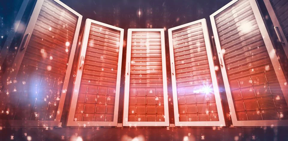 Low angle view of red network server room Foto stock