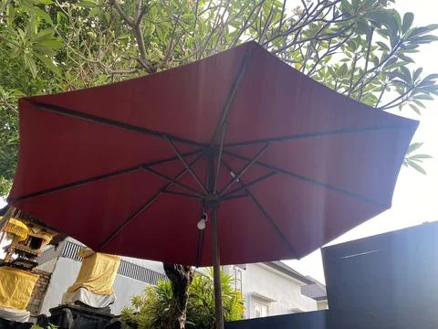 Low Angle View Red Sunshade Tropical Backyard Bali Atmosphere Stock Photos