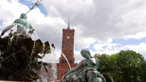 Low angle view of Red Town Hall (Rotes Rathaus) at Alexanderplatz, Berlin, 4k Stock Footage 125826800