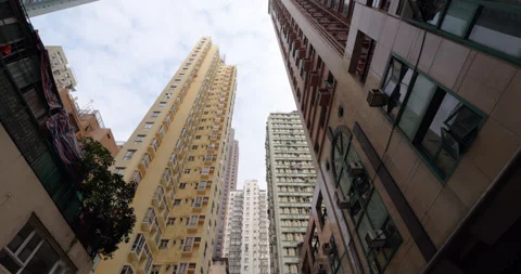 Low angle view of residential buildings in Kennedy Town, Hong Kong Stock Footage 309360903