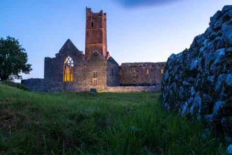 A low angle view of the ruins of the medieval Quinn Abbey in Quinn, Ireland Stock Photos
