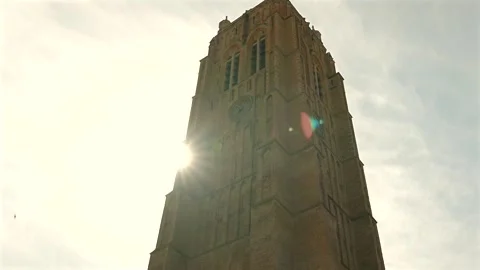 Low angle view of Saint Eloi Church tower in Dunkirk France Stock Footage 335379314