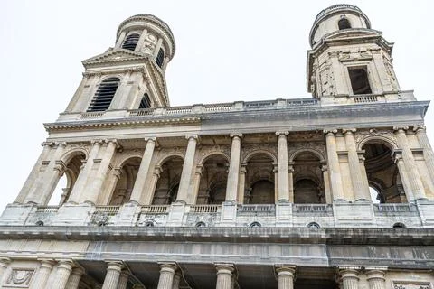 Low Angle View of Saint-Sulpice Church Facade. Paris city France. Stock Photos