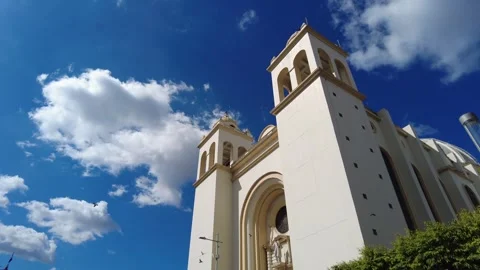 Low Angle View of San Salvador Metropolitan Cathedral Towers Against Blue Sky Vídeo Stock 342088671