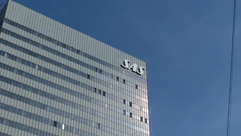 Low angle view of the SAS Scandinavian Airlines headquarters building Stock Footage 347956273